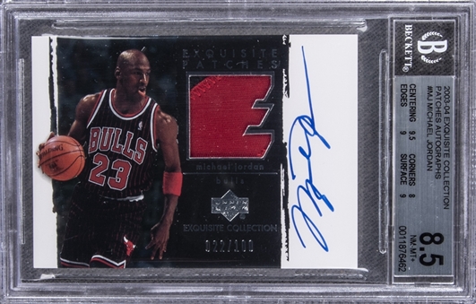 2003-04 UD "Exquisite Collection" Patches Autographs #MJ Michael Jordan Signed Game Used Patch Card (#022/100) – BGS NM-MT+ 8.5/BGS 10